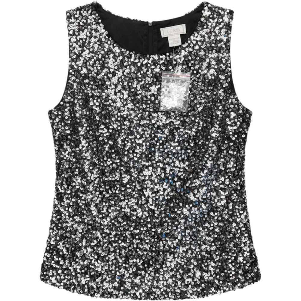 Jennifer Moore Silk Sequin Sleeveless Top Silver Black M Holiday Party Evening‎